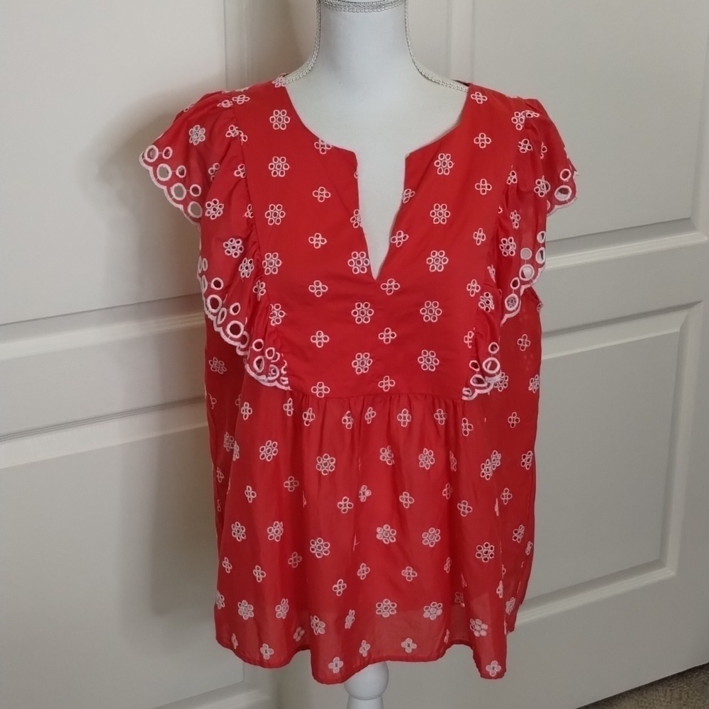 LOFT size Large dark coral pink eyelet sleeveless ruffle summer blouse v-neck